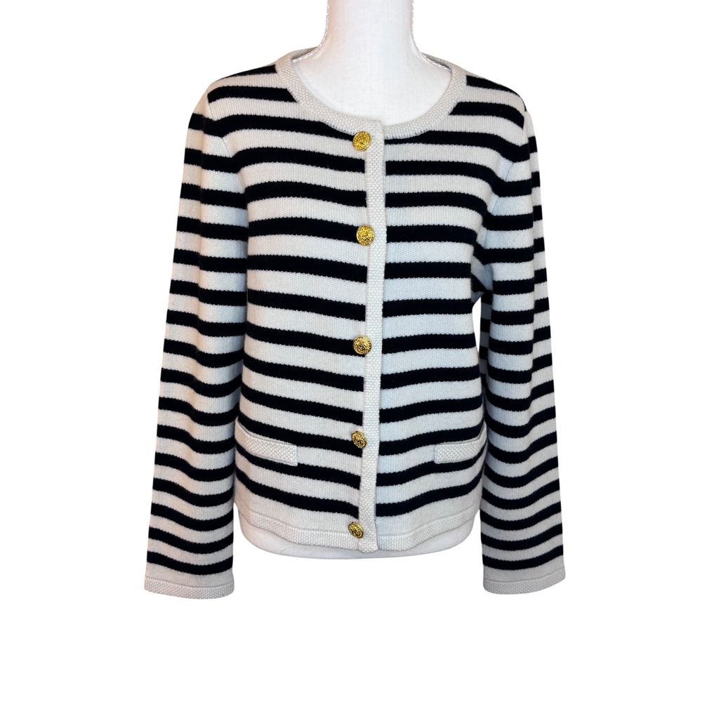 GOELIA Wool Cardigan L(8) Black White Breton Stripe Gold Button Parisian Coastal - Picture 3 of 8